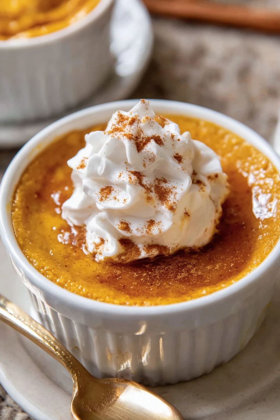 pumpkin custards, whipped cream, creamy, spiced, decadent, fall dessert
