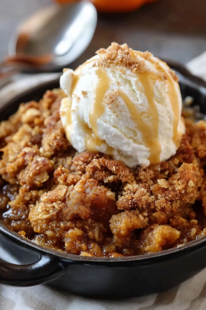 pumpkin pie crisp, autumn dessert, crunchy topping, warm spices, deliciously spiced