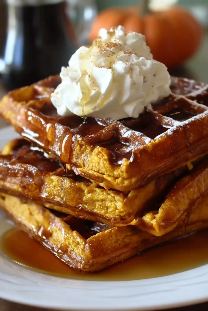 pumpkin waffles, fall breakfast, warm and spiced, maple syrup drizzle, delicious and seasonal