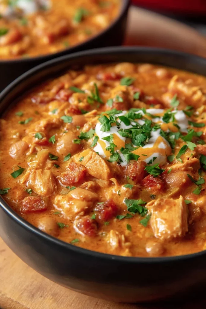 slow cooker buffalo chicken chili, spicy, savory, hearty, comforting, flavorful, delicious, homemade