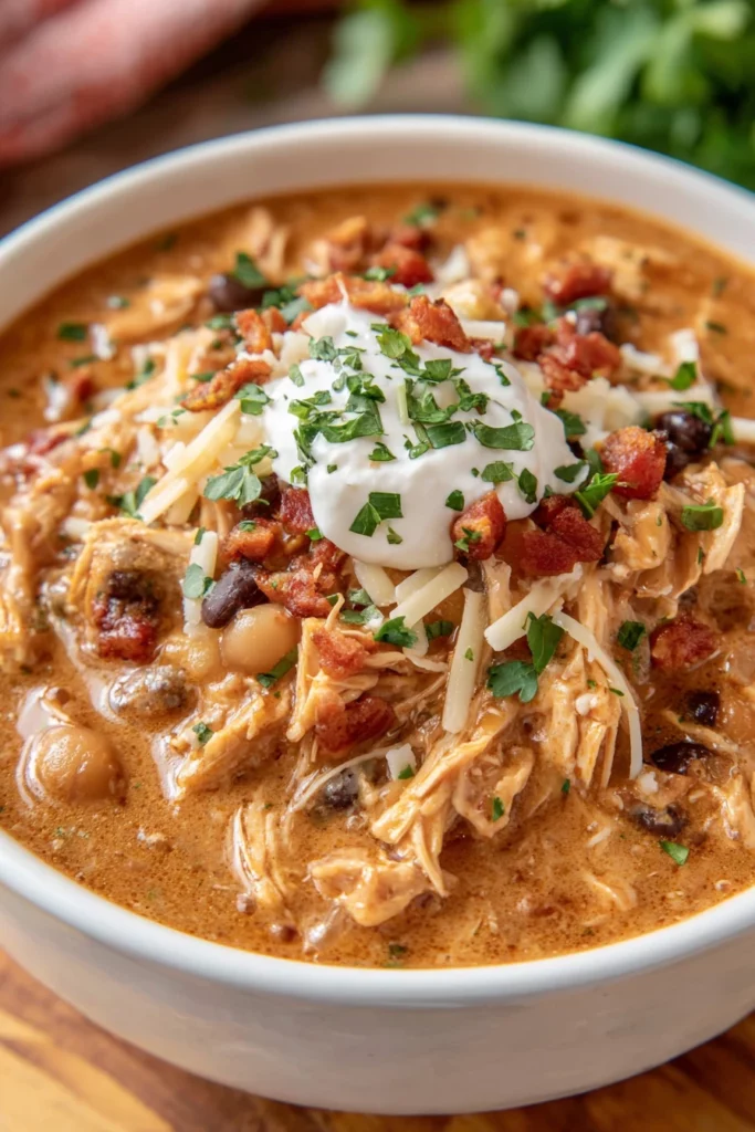 Slow Cooker Cream Cheese Crack Chicken Chili, savory, creamy, flavorful, cheesy, comforting, hearty, delicious