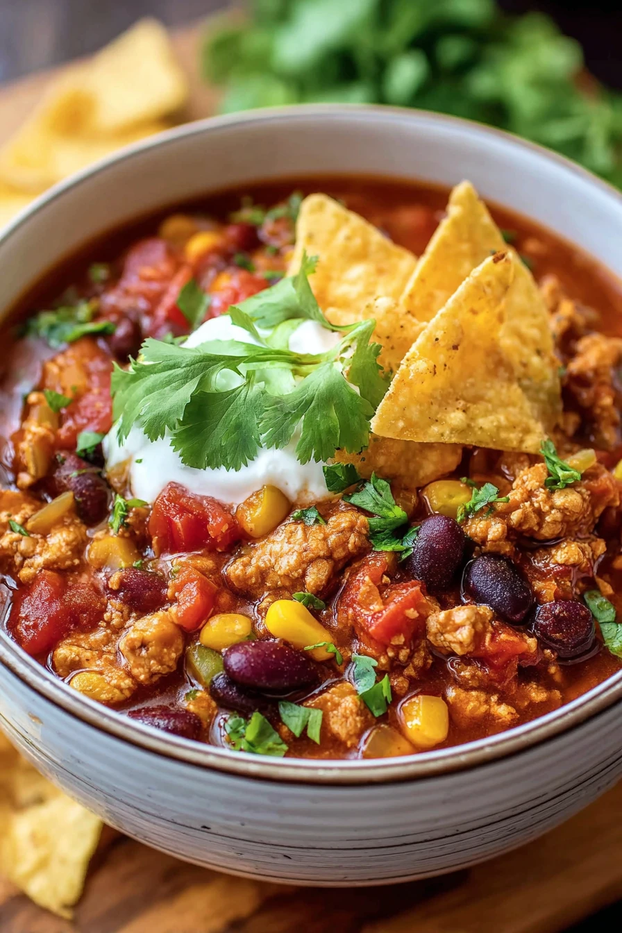 slow cooker turkey chili, hearty, savory, comforting, delicious, easy recipe