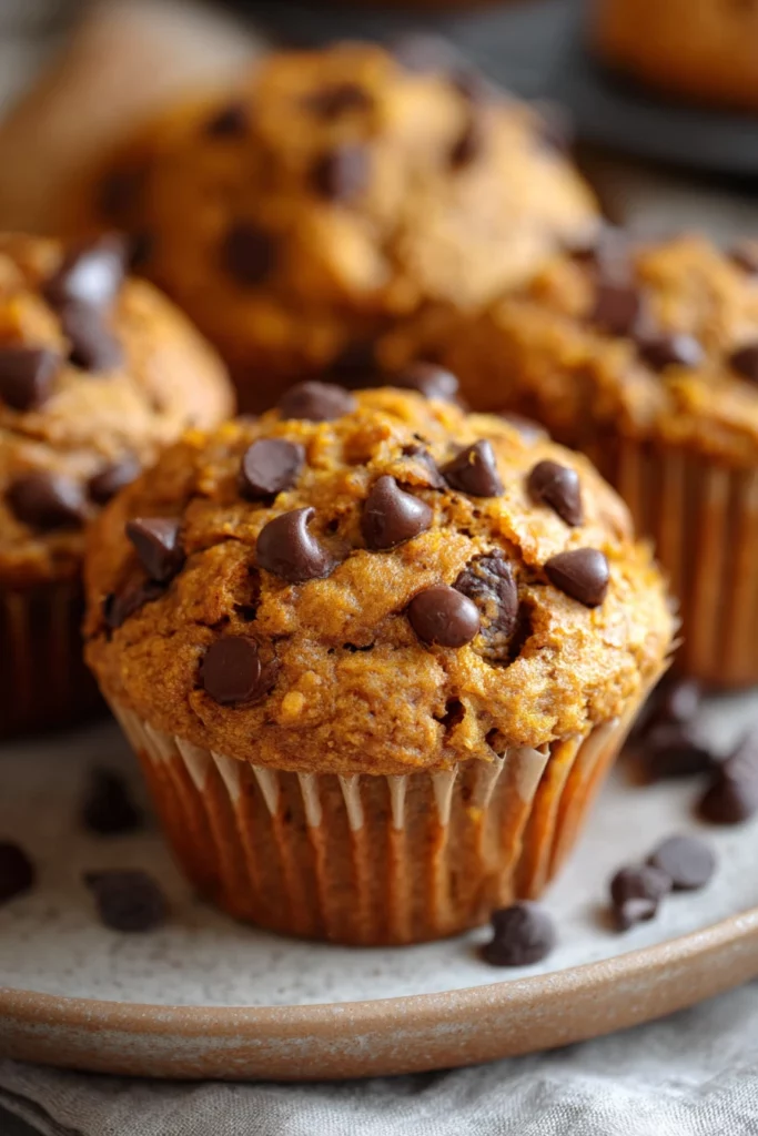 sourdough pumpkin chocolate chip muffins, autumn flavors, moist, decadent, festive, indulgent treat