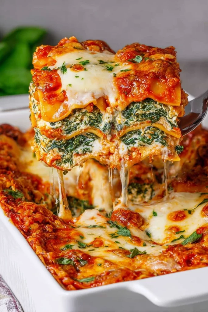 spinach ricotta lasagna, cheesy layers, savory, baked, delicious flavor, Italian cuisine
