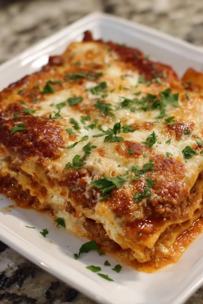 Super Easy Lasagna, cheesy layers, savory meat sauce, homemade, delicious