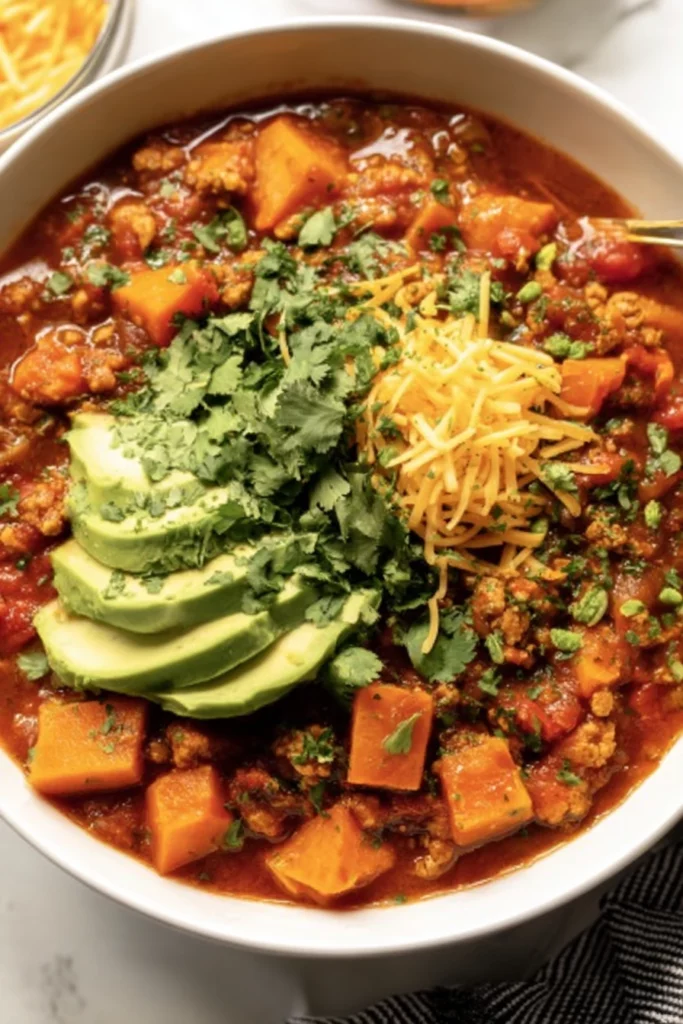 sweet potato turkey chili, hearty, flavorful, savory, comforting, nutritious, homemade, delicious
