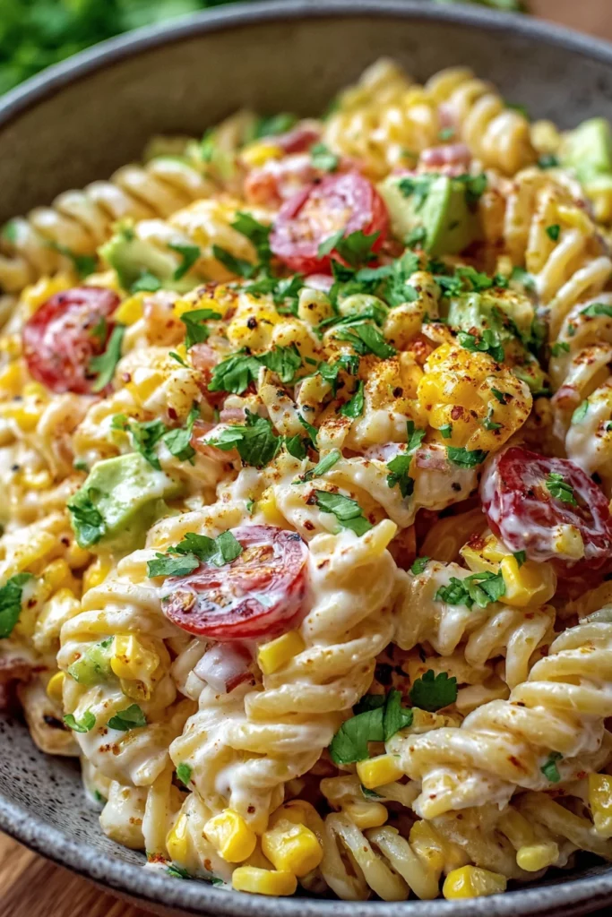 Mexican street corn, pasta salad, savory, creamy, flavorful, delicious