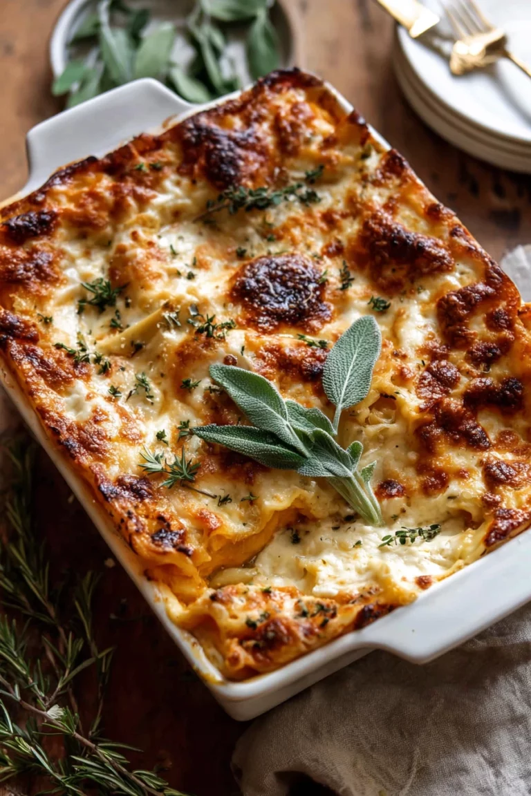 pumpkin sage white lasagna, savory, cheesy, autumn flavors, creamy sauce, layers