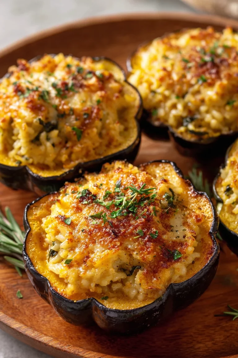 cheesy rice-stuffed acorn squash, savory, delicious, autumn flavors, comforting, hearty, vegetarian option