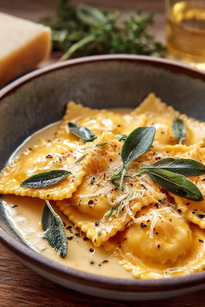 creamy sage sauce, butternut squash ravioli, savory, aromatic herbs