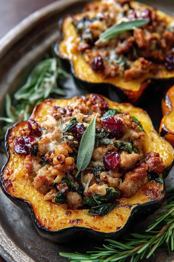sausage stuffed acorn squash, savory, hearty, autumn flavors, delicious, comforting