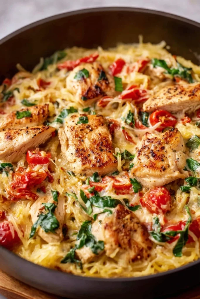 Tuscan chicken, spaghetti squash, savory herbs, delicious flavors, Italian-inspired recipe